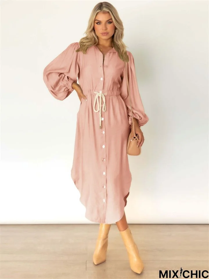 Long Sleeve Temperament Medium Long Tie Waist Shirt Dress