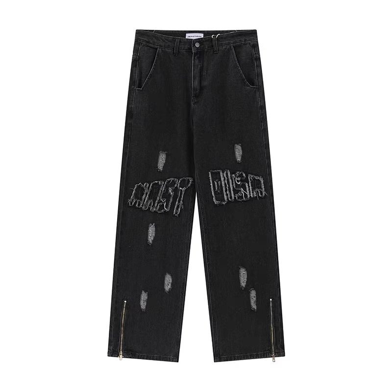 Unisex Men's Vintage Letter Patch Raw Edge Zipper Jeans - SOPULA