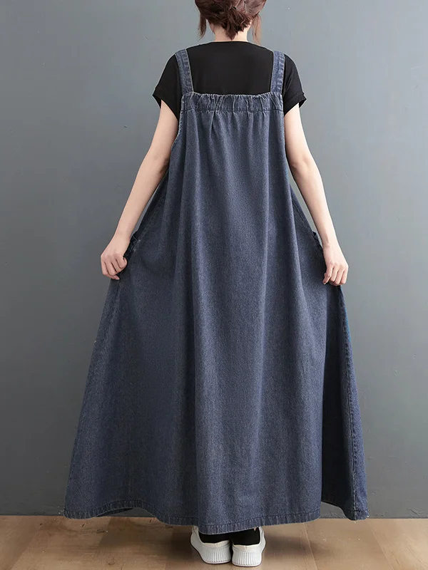 Artistic Retro-Inspired Denim Midi Dress: Vintage Loose Strapped Design