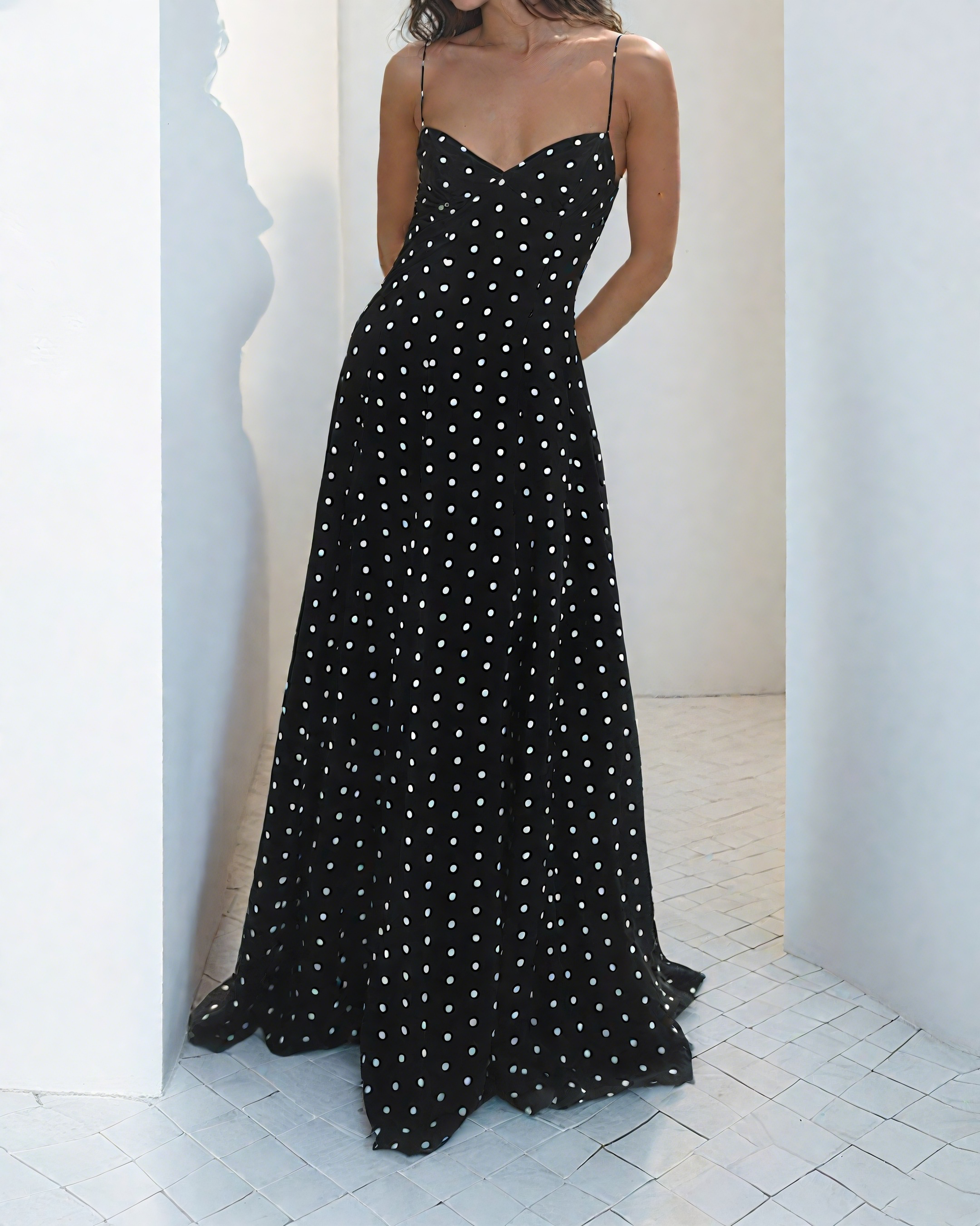 Polka Dot Thin Spaghetti Strap Sweetheart Neckline Maxi Dress