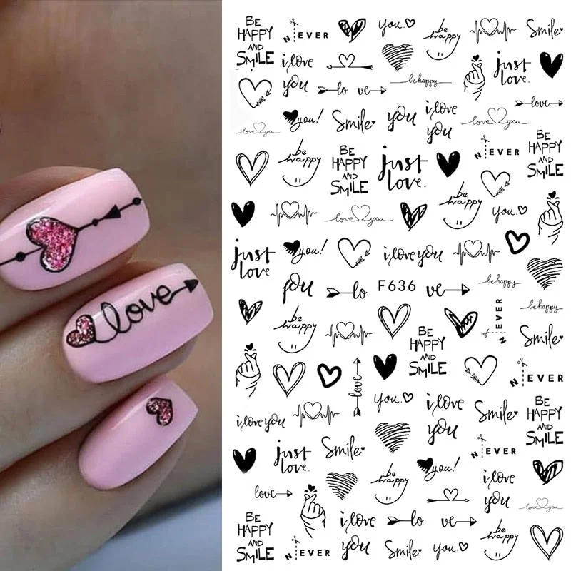 1PC Heart Love Design 3D Nail Sticker English Letter stickers Face Pattern Trasnfer Sliders Valentine's Day Nail Art Decoration
