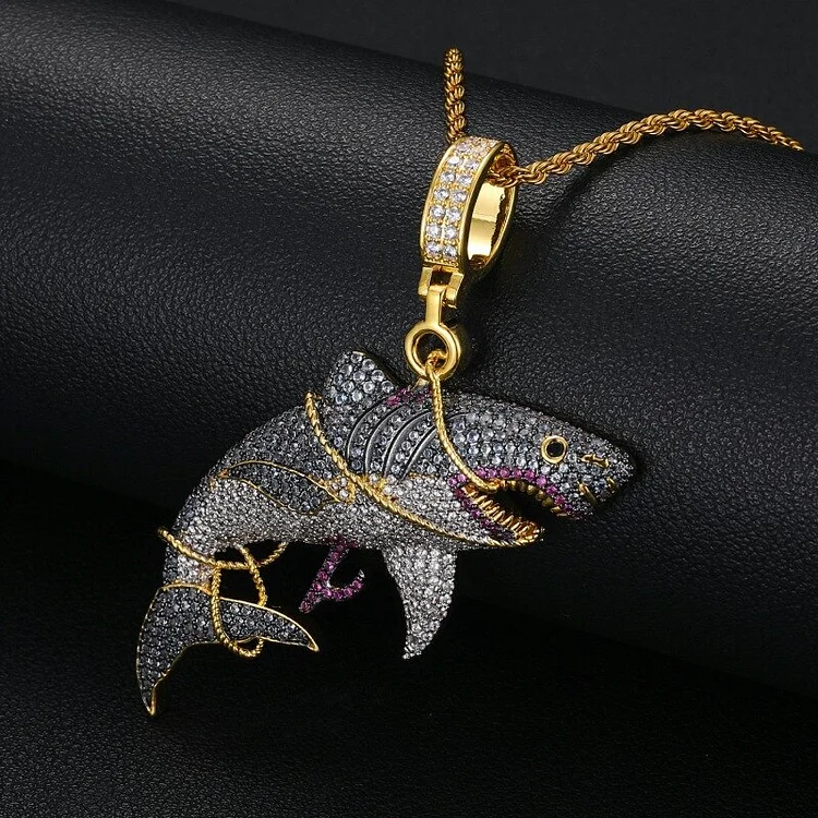 Hip Hop 5A CZ Stone Paved Bling Iced Out Tied Shark Animal Pendants Necklace-VESSFUL