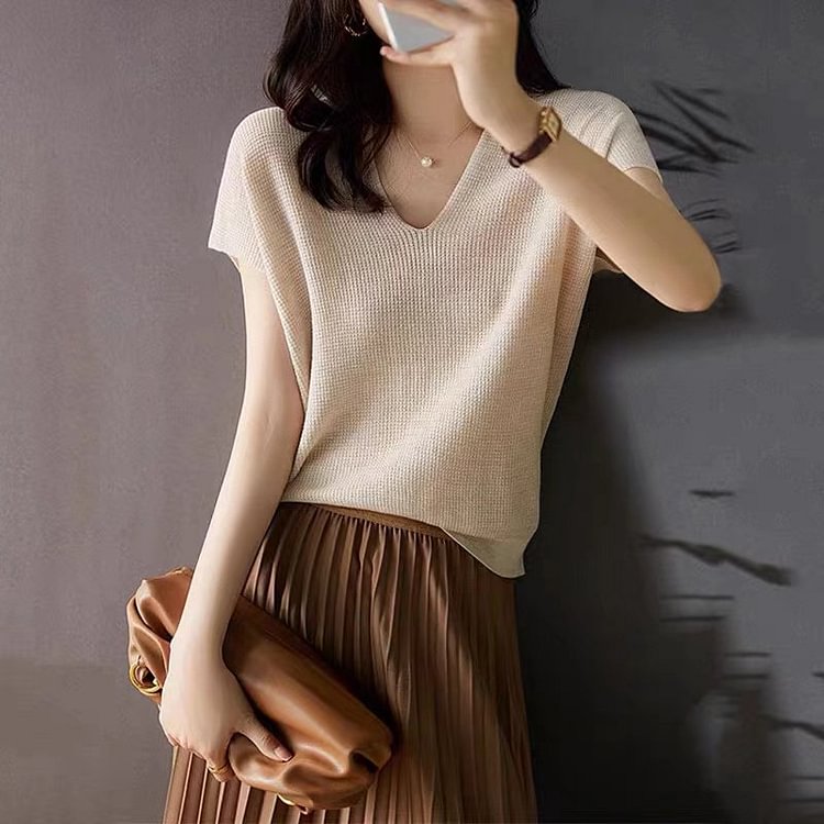 Beige Knitted Shift Short Sleeve Shirts & Tops
