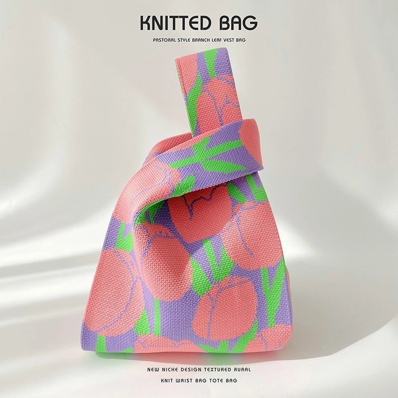 Women’s Medium Knit Letter Flower Cute Vintage Style Square Open Handbag