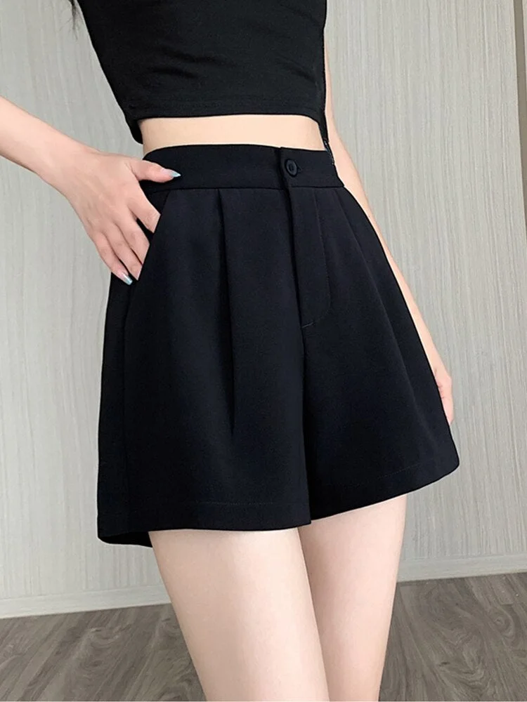 Nncharge New Summer Women Fashion Elastic High Waist Wide Leg Shorts Lady Casual Solid Color Button Black Straight Shorts