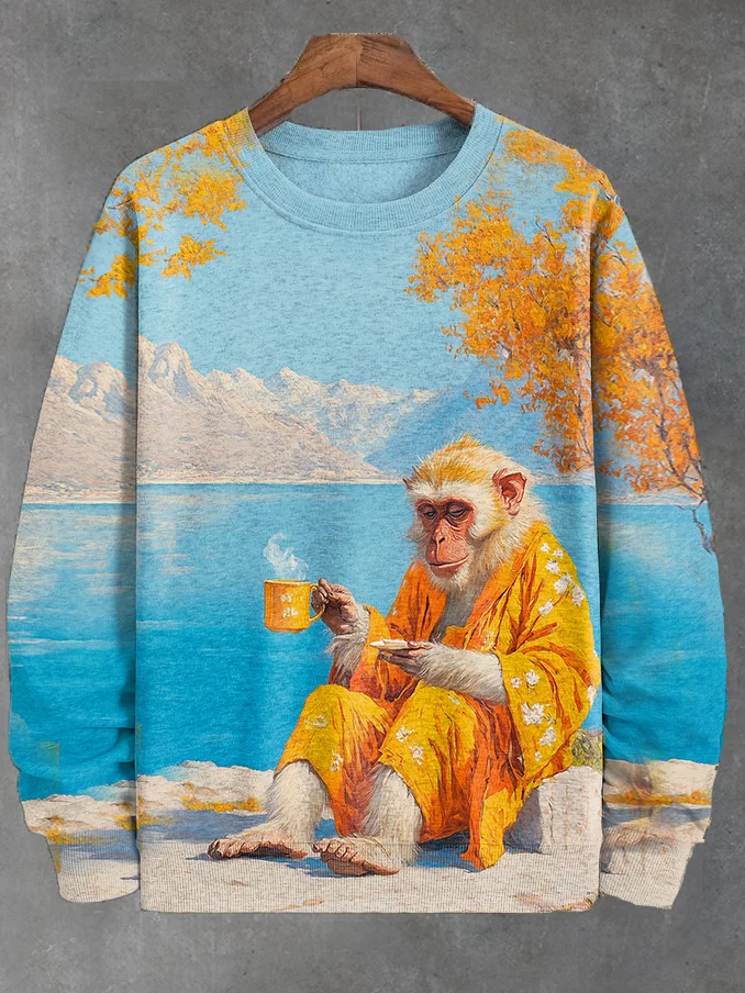 Men's Monkey In Taoist Robe Drinking Tea And Meditating In Autumn Art Print Casual Sweatshirt