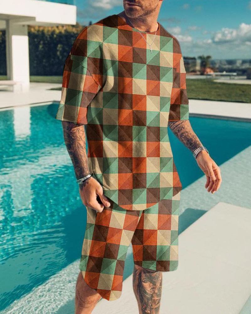 Men's Fashion Abstract Color Block Printed Shorts Suit