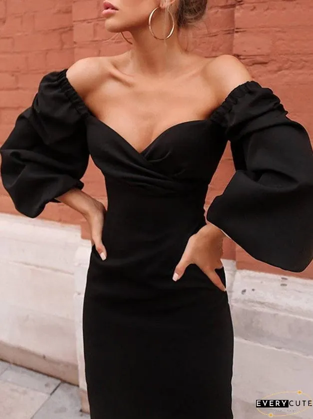 Dresses V-Neck Lantern Long Sleeve Midi Dress for Women