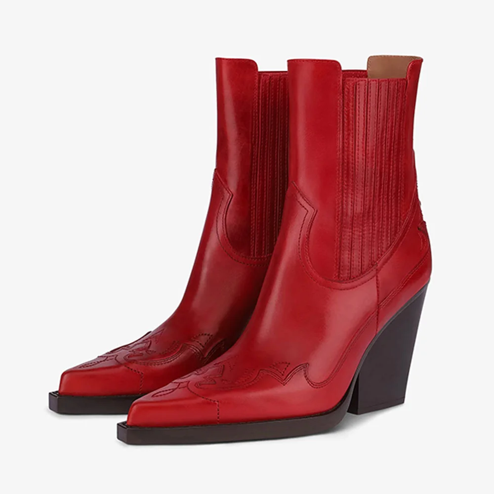 Women's Red Embroidered Pointed Toe High Heel Cool Chelsea Boots
