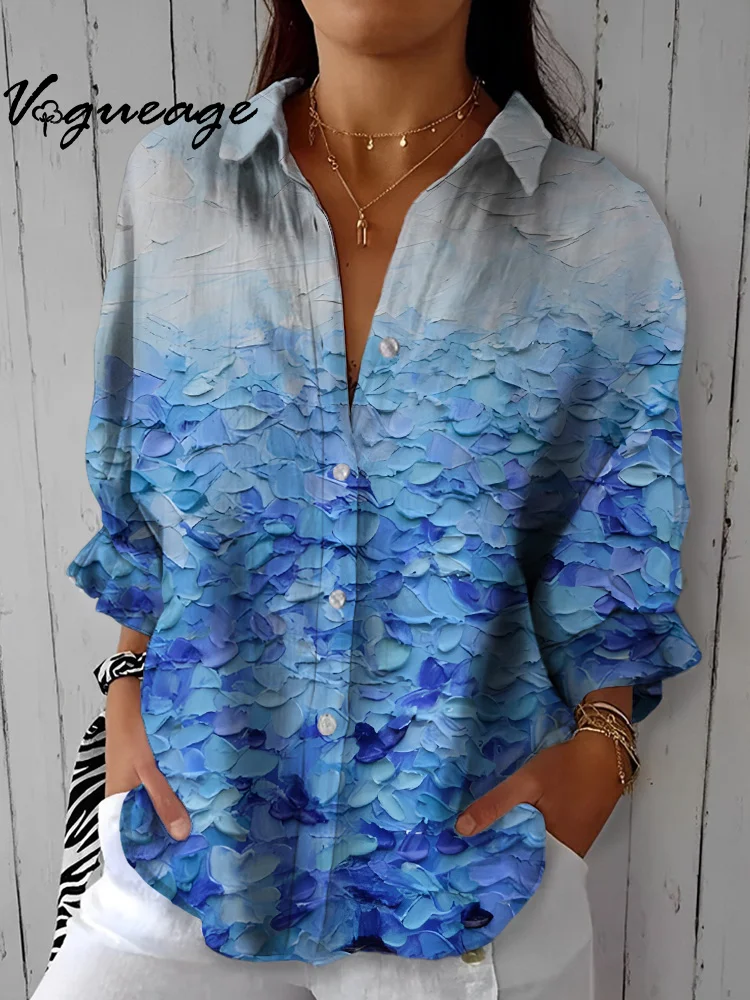 Fashionable And Elegant Blue And White Gradient Printed Cotton And Linen Shirt