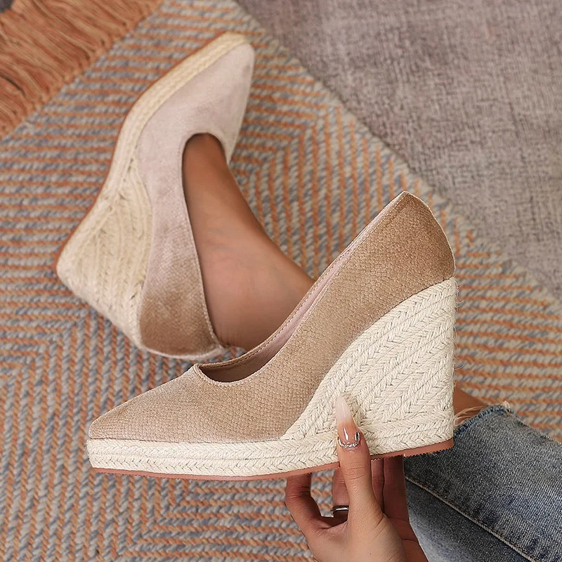 Wongn Wongn Thick Platform High Heel Pointed Shallow Single Shoes Female Grass Hemp Rope Bottom