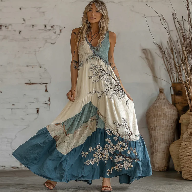 Women's Cherry Blossoms Art Linen Maxi Dress