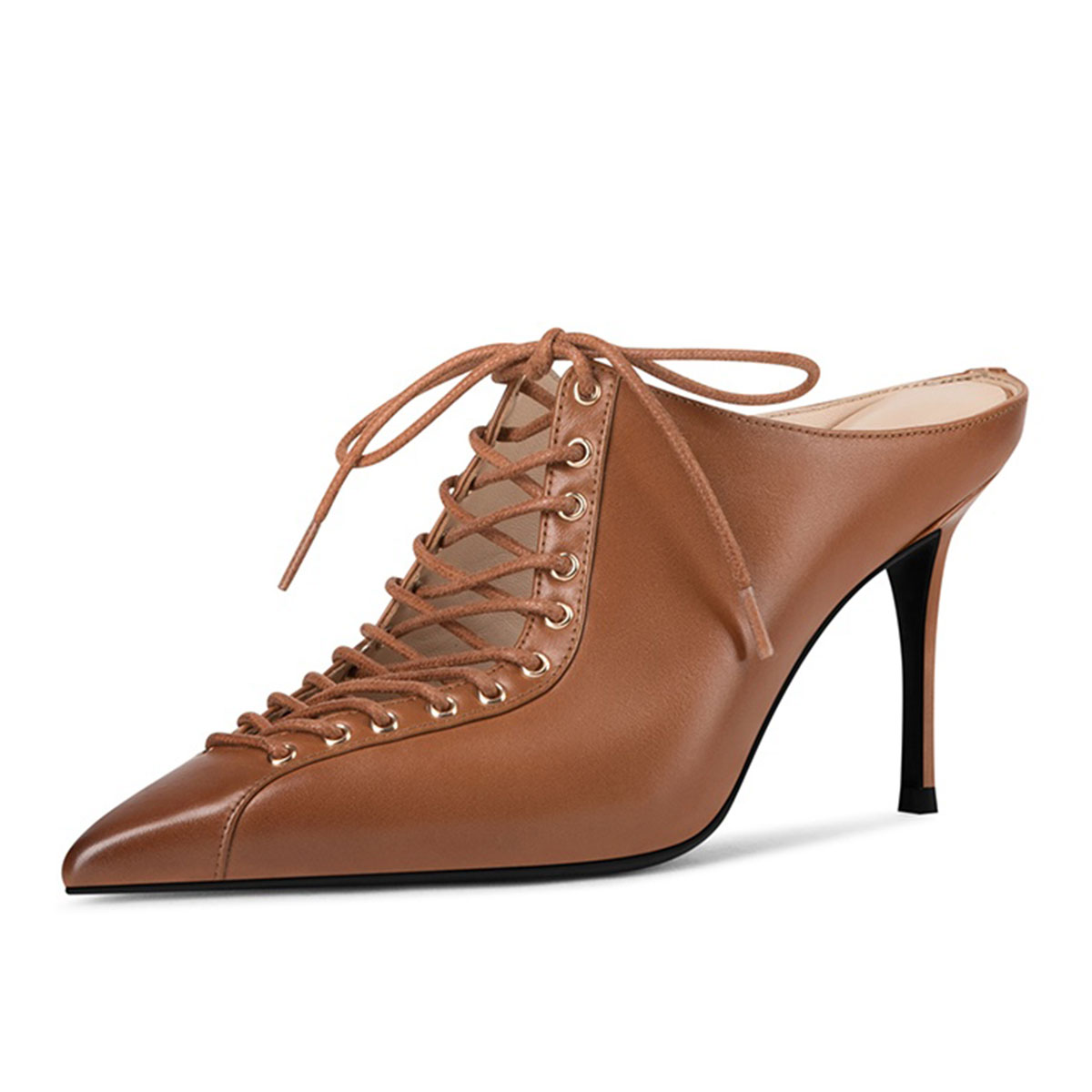 Brown Slip-On Lace Up Pointed Toe Stiletto Heel Mule Shoes for Women Nicepairs