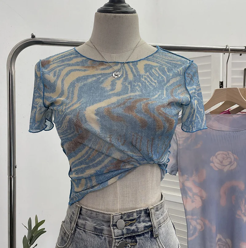 Uveng Single-Layer Thin Mesh Tie-Dye-Repair Short-Sleeved T-Shirt For Girls Summer Short-Sleeved Hottie Top 9917