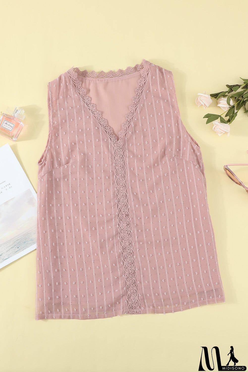 MidiSono - Crochet V Neck Textured Tank Top