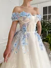 White Ethereal Bluebell 3D Flower Ball Gown Off The Shoulder A Line Princess Prom Dress Organza Tulle Floor Length Formal Corset Bodice