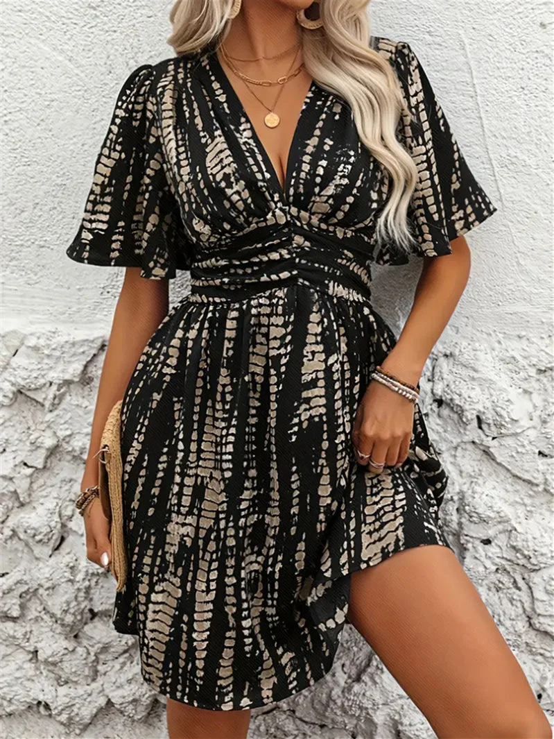 Women's Short Sleeve V-neck Striped Printed Midi Dress