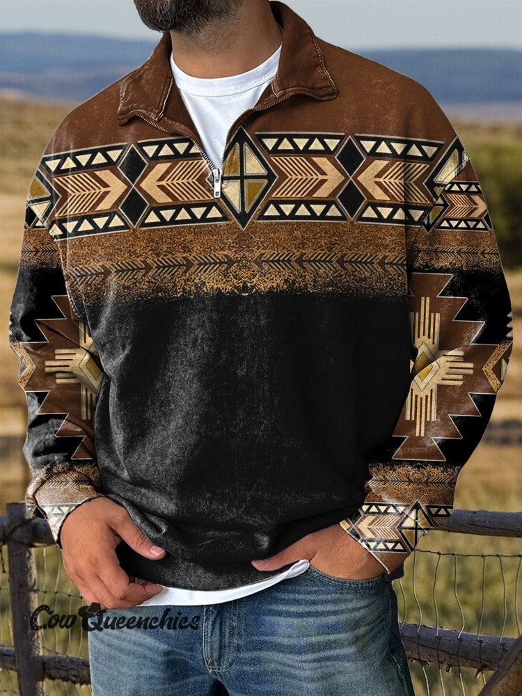 Casual Retro Western Style Aztec Art Print Long Sleeve Zip Sweatshirt Multicolor / S