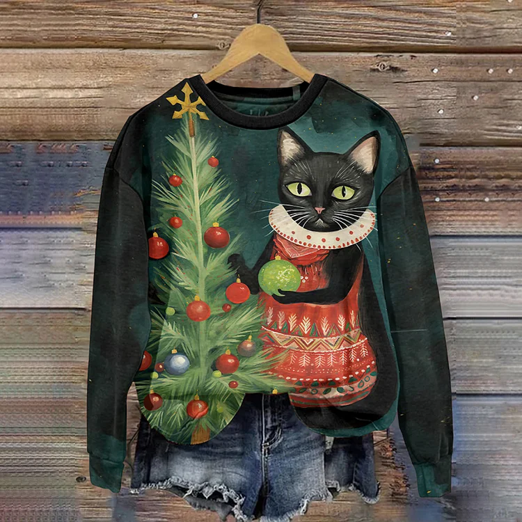 Comstylish Christmas Cat Print Pullover Long Sleeve Sweatshirt