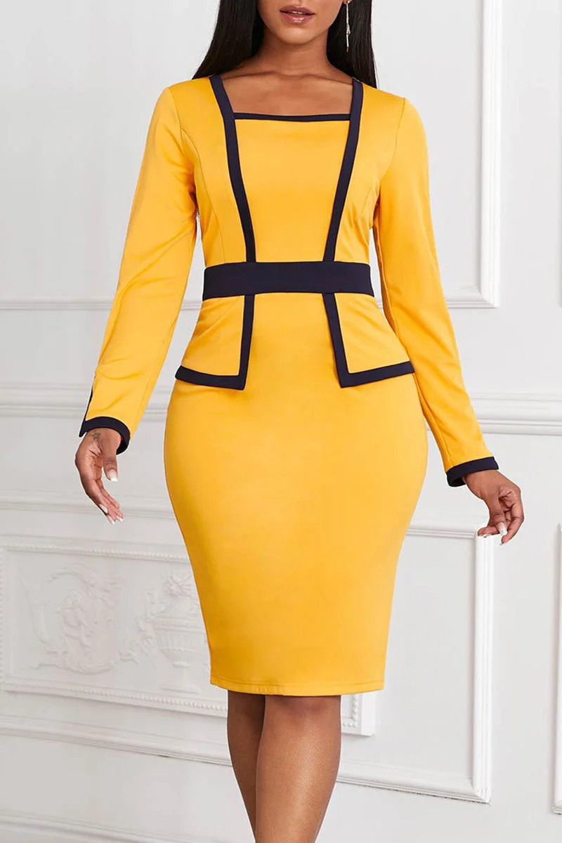 Yellow Casual Work Solid Patchwork Square Collar One Step Skirt Dresses | EGEMISS