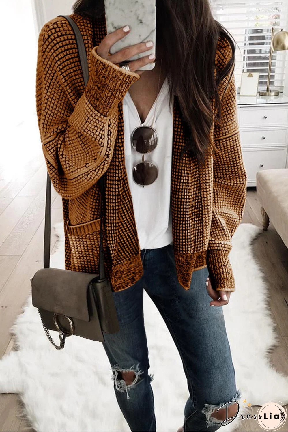 Cozy Brown Oversized Waffle Knit Cardigan with Collar