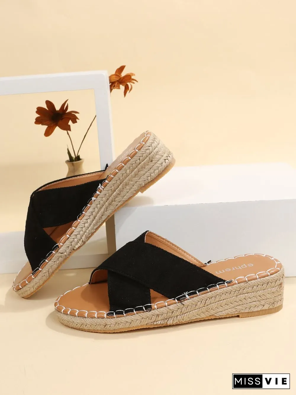 Faux Suede Cross Strap Straw Wedge Slides