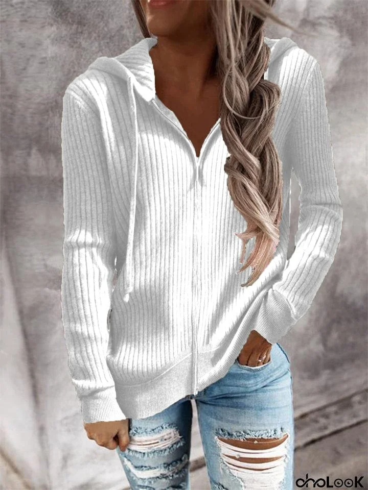 Casual Striped Loose Knit Zipper Hooded Sweater