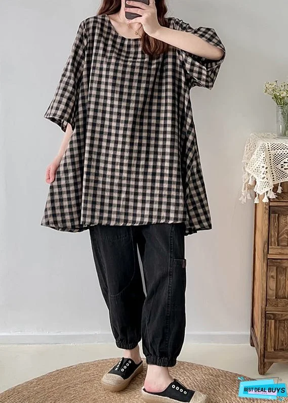 Vintage Black White Plaid Oversized Linen Long Tops Half Sleeve