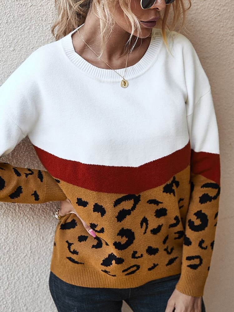 Leopard Printed Color Block Patchwork O-neck Long Sleeve Sweater - Shop Trendy Women's Clothing | LoverChic