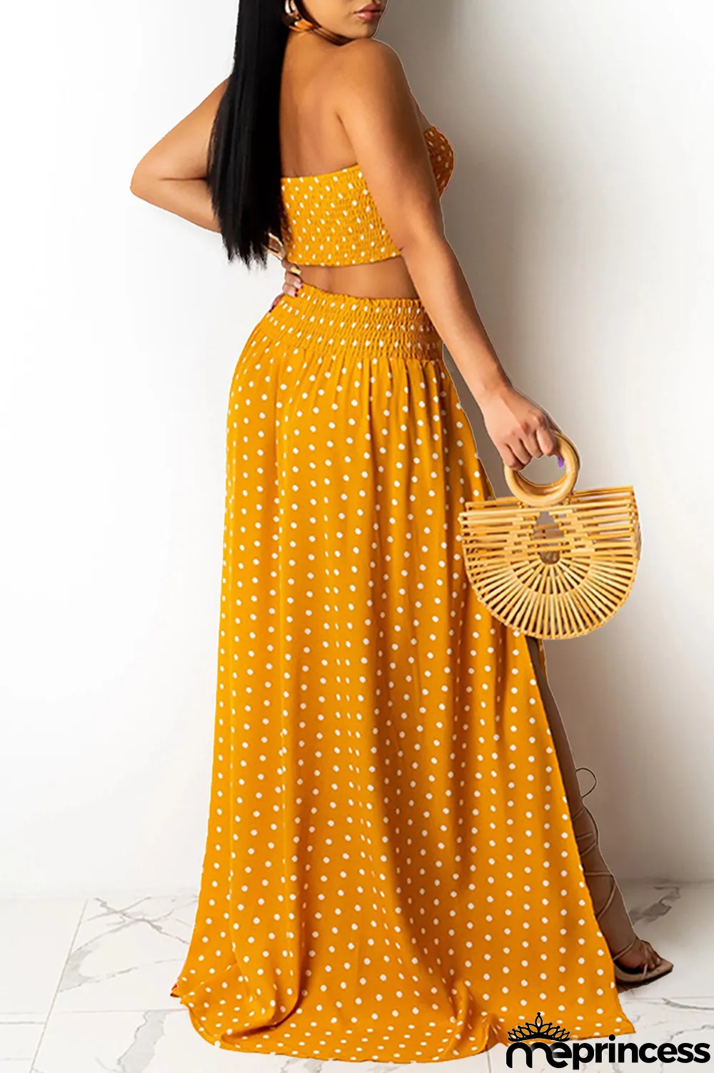 Blue Fashion Sexy Dot Print Backless Slit Strapless Sleeveless Two Pieces