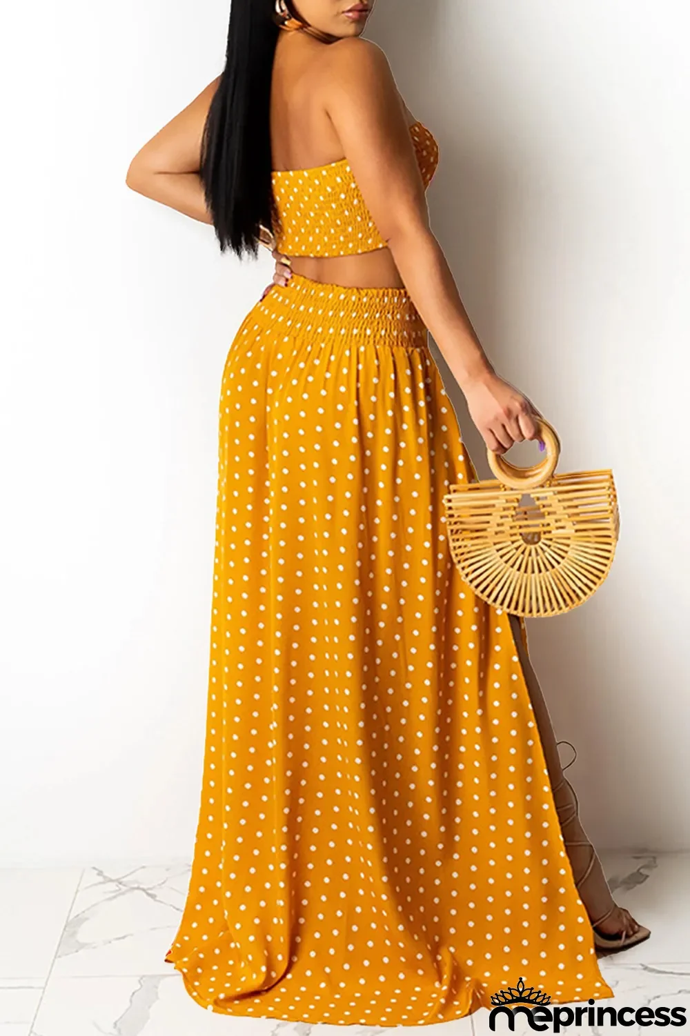 Blue Fashion Sexy Dot Print Backless Slit Strapless Sleeveless Two Pieces