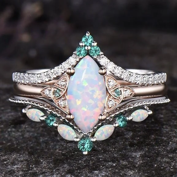 Vintage Milgrain Marquise Opal and Emerald Three-Piece Ring Set