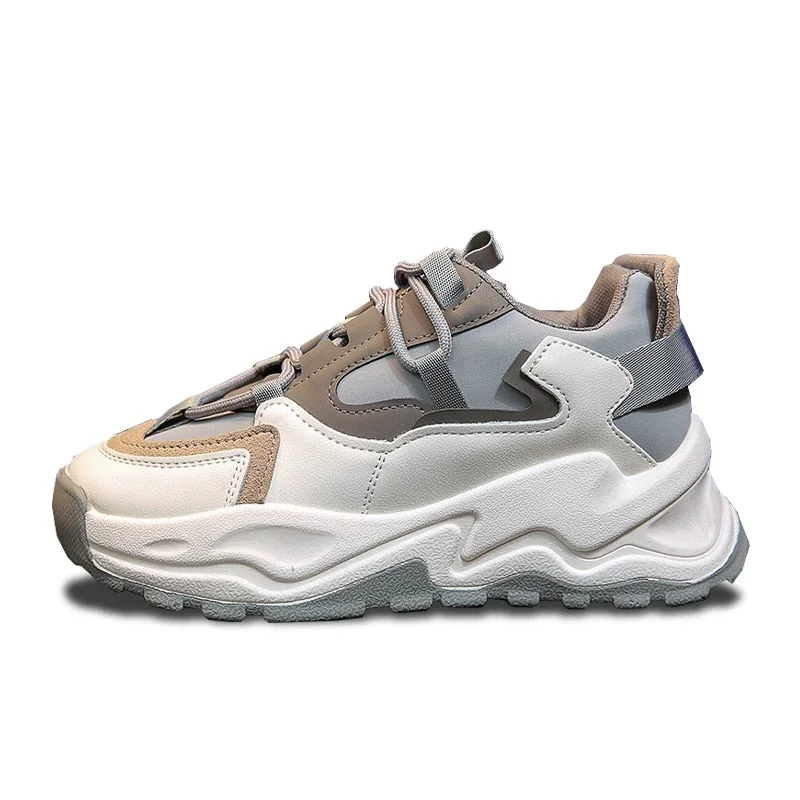 Women Platform Chunky Sneakers Comfortable Vulcanized Casual Sports Shoes Gray Brown Spring 2021