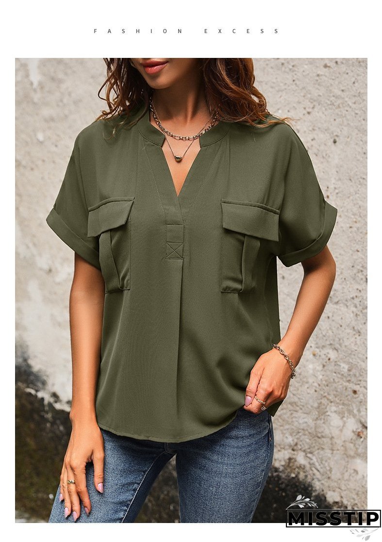 Solid Color V-neck Pocket Short-sleeved Shirt 22982116