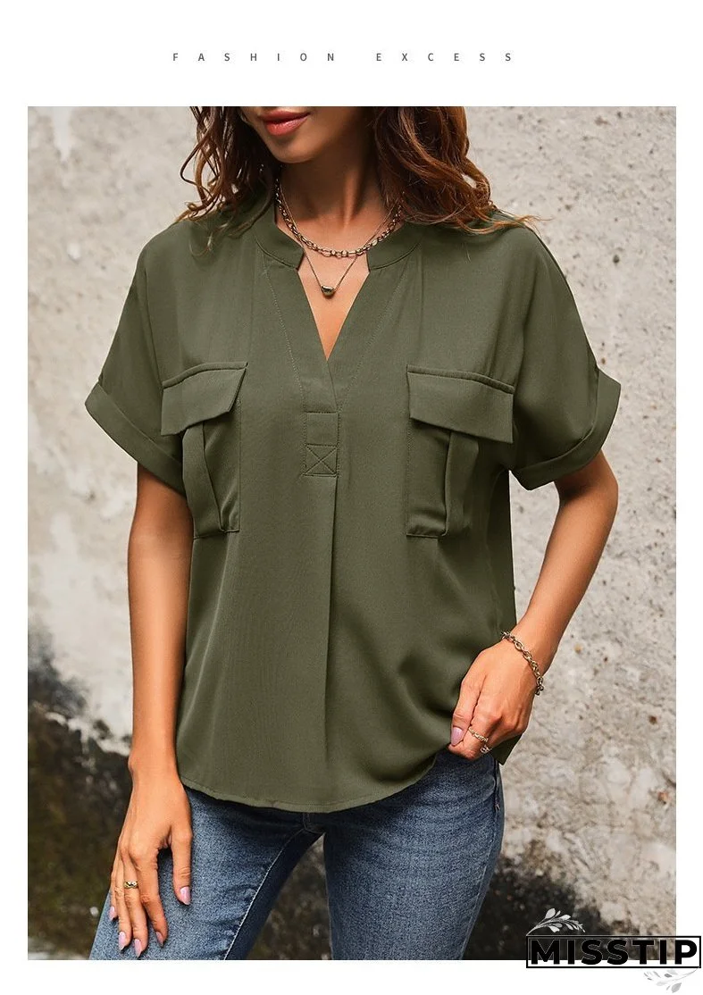 Solid Color V-neck Pocket Short-sleeved Shirt 22982116