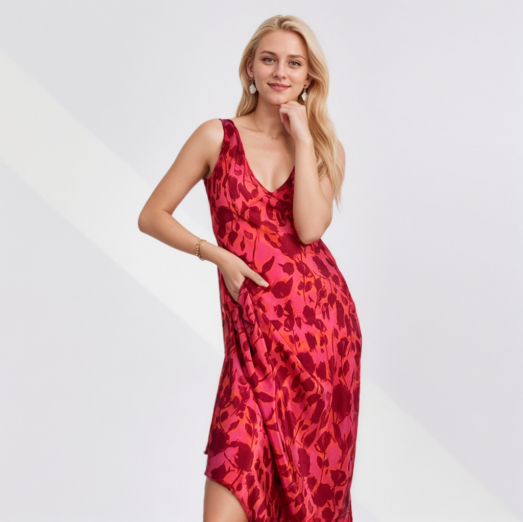 Rose Printed Silk V-neck Dress REAL SILK LIFE