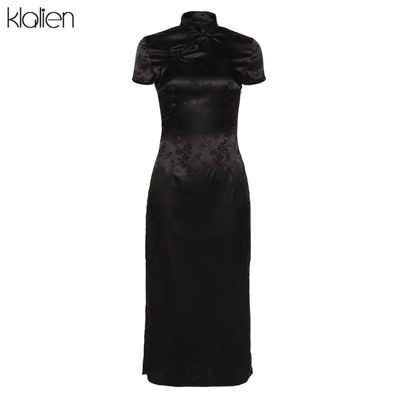 KLALIEN Black Monochrome Printing Satin Traditional Chinese Dresses Long Qipao Dress Sexy Split Tang Costume Banquet Qipao Woman
