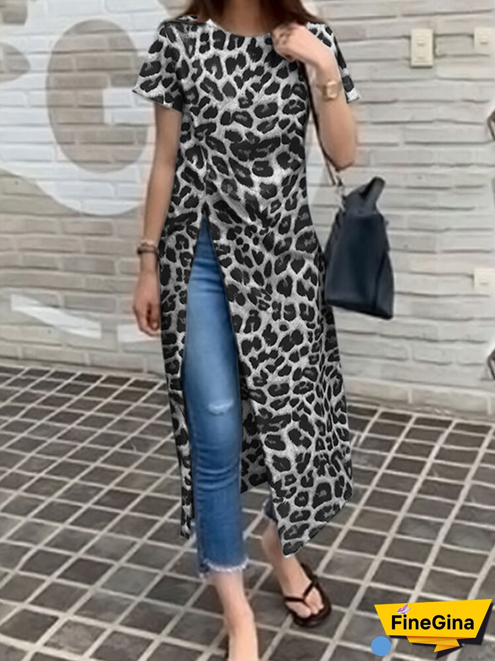 Leopard Split Twist Round Neck Short Sleeve Casual T-Shirt