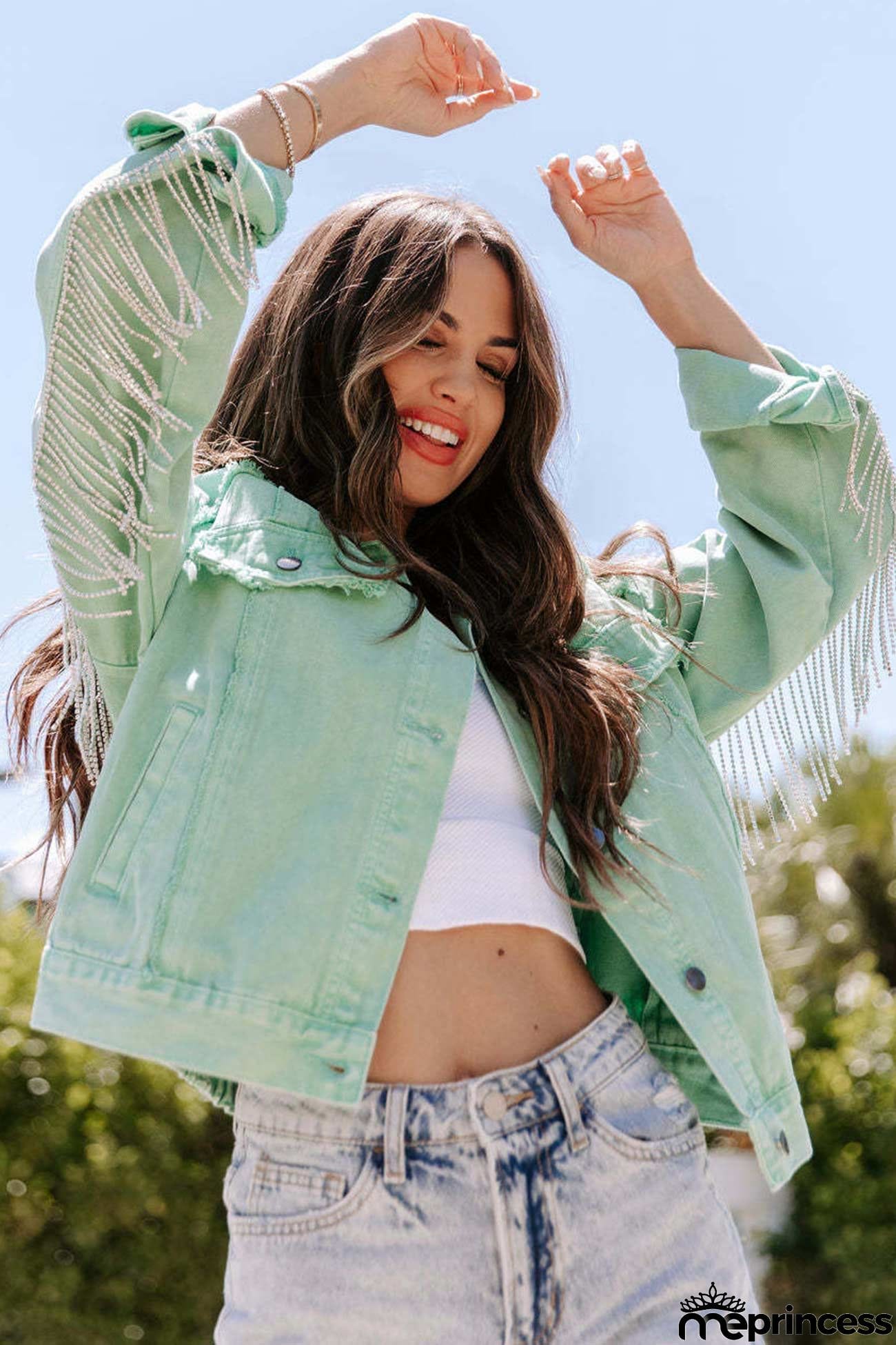 Mint green Chain Tassel Denim Jacket