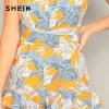SHEIN Boho Crisscross Open Back Jungle Leaf Print Ruffle Rompers Womens Playsuit Summer Sleeveless Casual Sexy Beach Playsuits