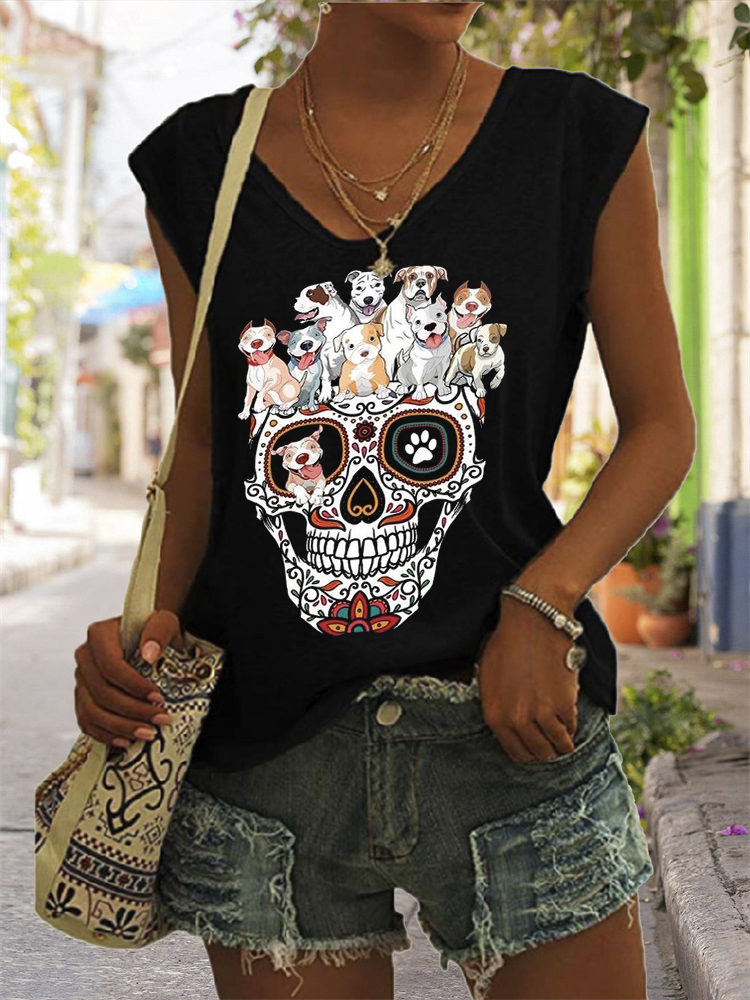 Lovely Dogs Sugar Skull V Neck Tank Top wearshes