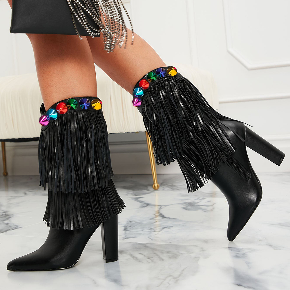 Black Pointed Toe Colorful Rivets Heeled Mid-Calf Boots with Fringe Nicepairs