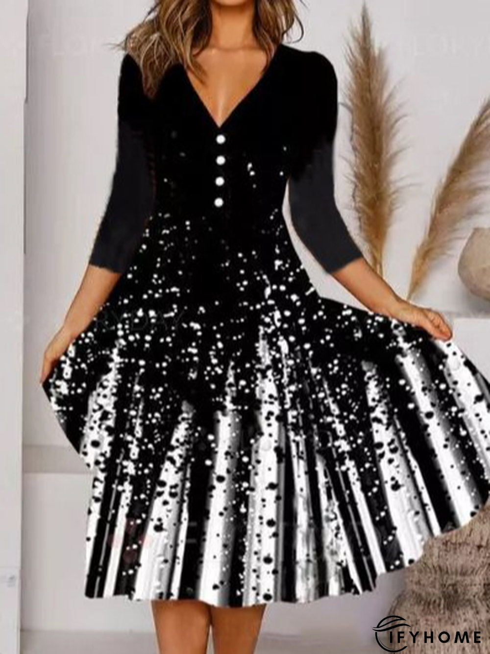 3/4 Sleeve Casual V Neck Knitting Dress | IFYHOME