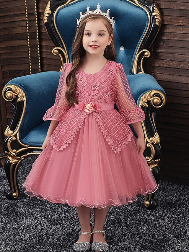 Oknass Ball Gown Long Sleeve Jewel Neck  Flower Girl Dresses Tulle With Sash Ribbon  Bow Beading