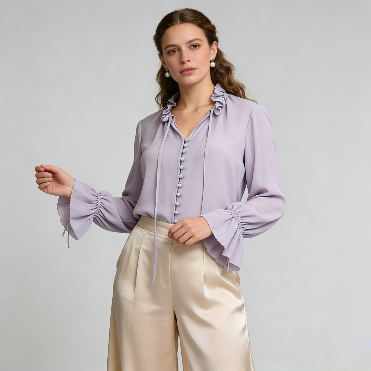 Silk Shirt For Women Ruffle Edge Solid Color  REAL SILK LIFE