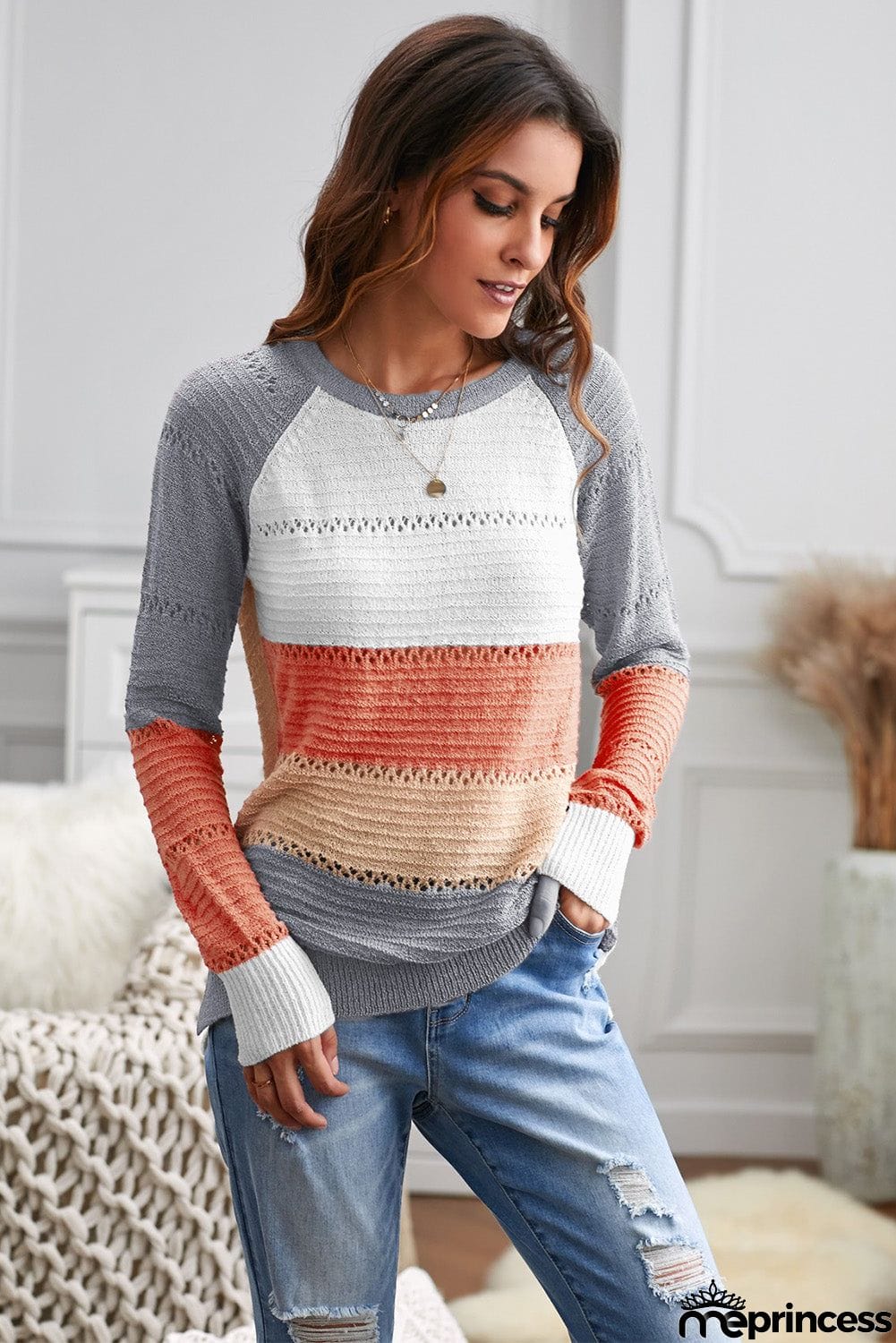 Multi-color Knitted Color Block Long Sleeve Crew Neck Sweater