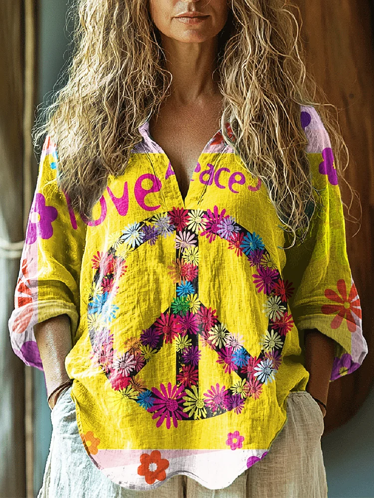 Women's Hippie Art Print Casual Linen V-neck Shirt