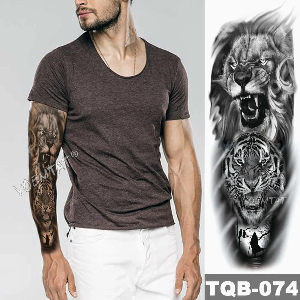 Large Arm Sleeve Tattoo Lion Crown King Rose Waterproof Temporary Tatoo Sticker Wild Wolf Tiger Men Full Skull Totem Tatto