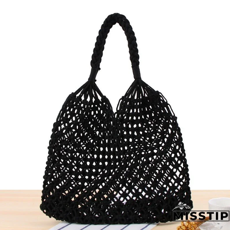 Paziye Shoulder Woven Bag Handbag Handmade Cotton Rope Net Bag Beach Bag