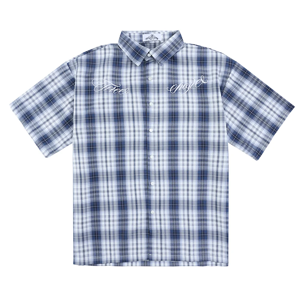 Abebey-Summer Letter Eembroidery Short Sleeve Plaid Shirt for Men Harajuku Patchwork Hip Hop Overalls Streetwear Vintage Loose Tops
